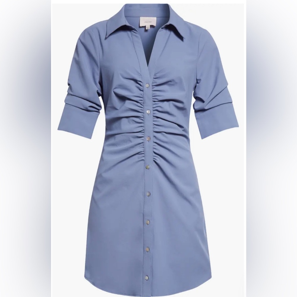Cinq a Sept Mini Elina Gathered Shirtdress- in Rustic Blue
